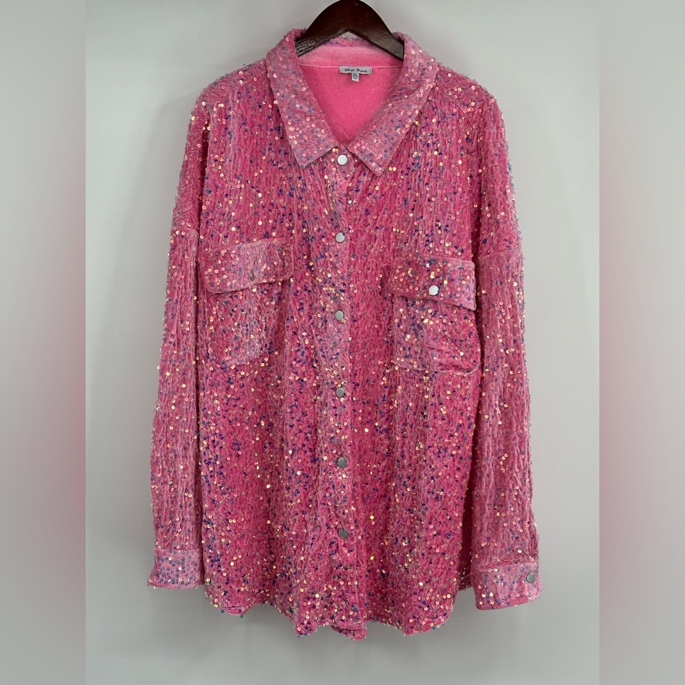 White Birch Knit Solid Color Velvet Sequin Top in Pink